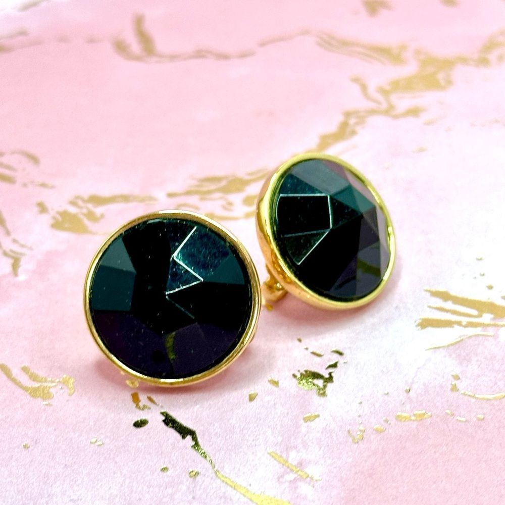 Avon Women's Vintage Goldtone Black Round Stone Clip on Earrings